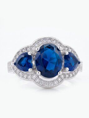 Oval Halo Blue Sapphire ring, 925 Sterling Silver Charmed Aroma
